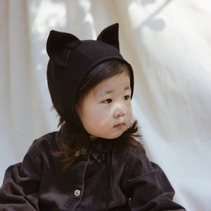 Wool Black Kitten Bonnet Cotton-Lined